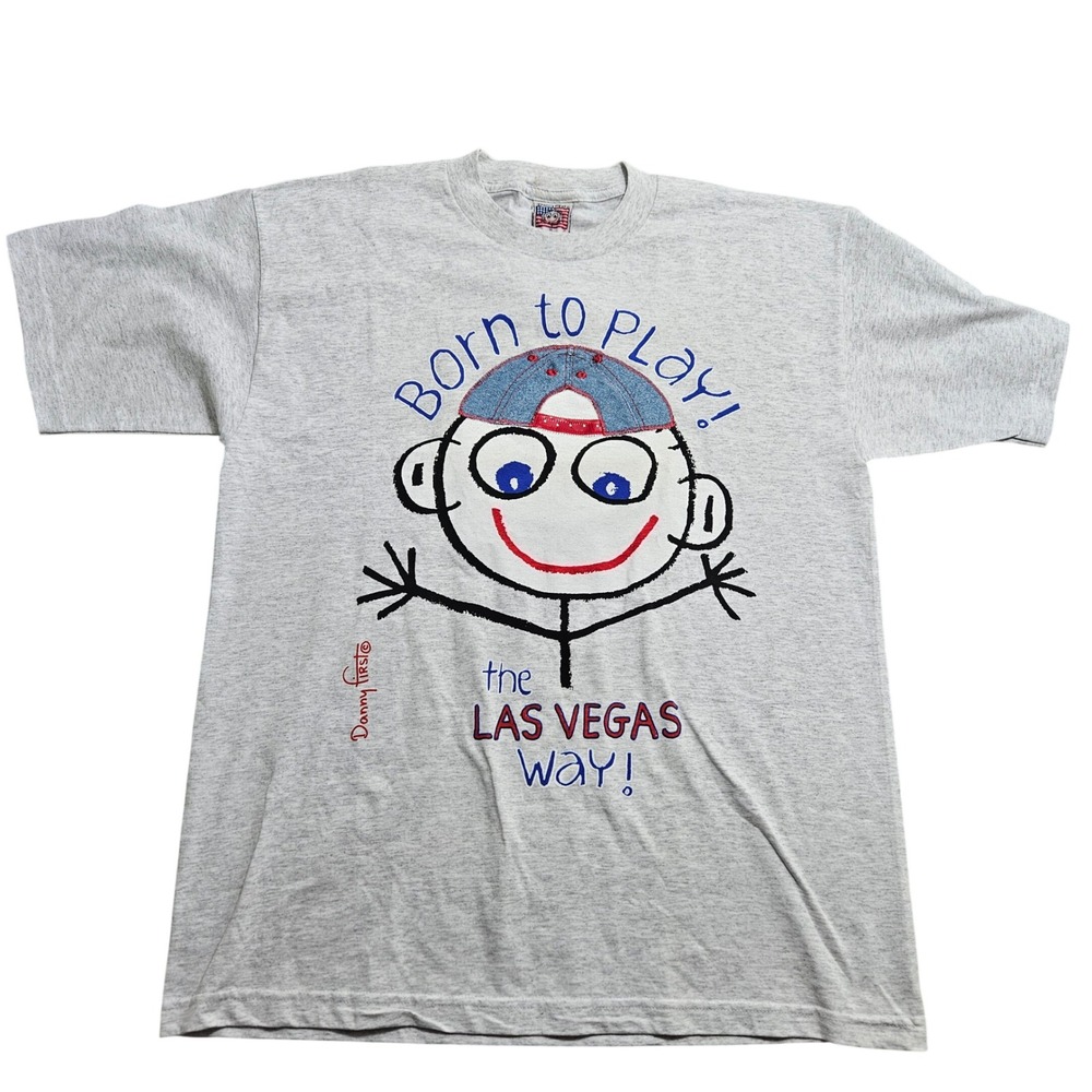 Danny First T-Shirt XL Gray Born to Play Las Vegas Denim Hat Applique 90s USA *